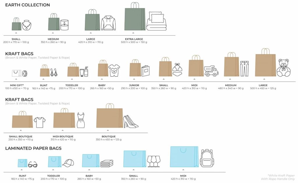 Sizes list of bags
